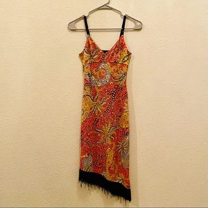 Vintage 90’s Arden B. asymmetrical dress. XS. Bright paisley print w/ fringe.